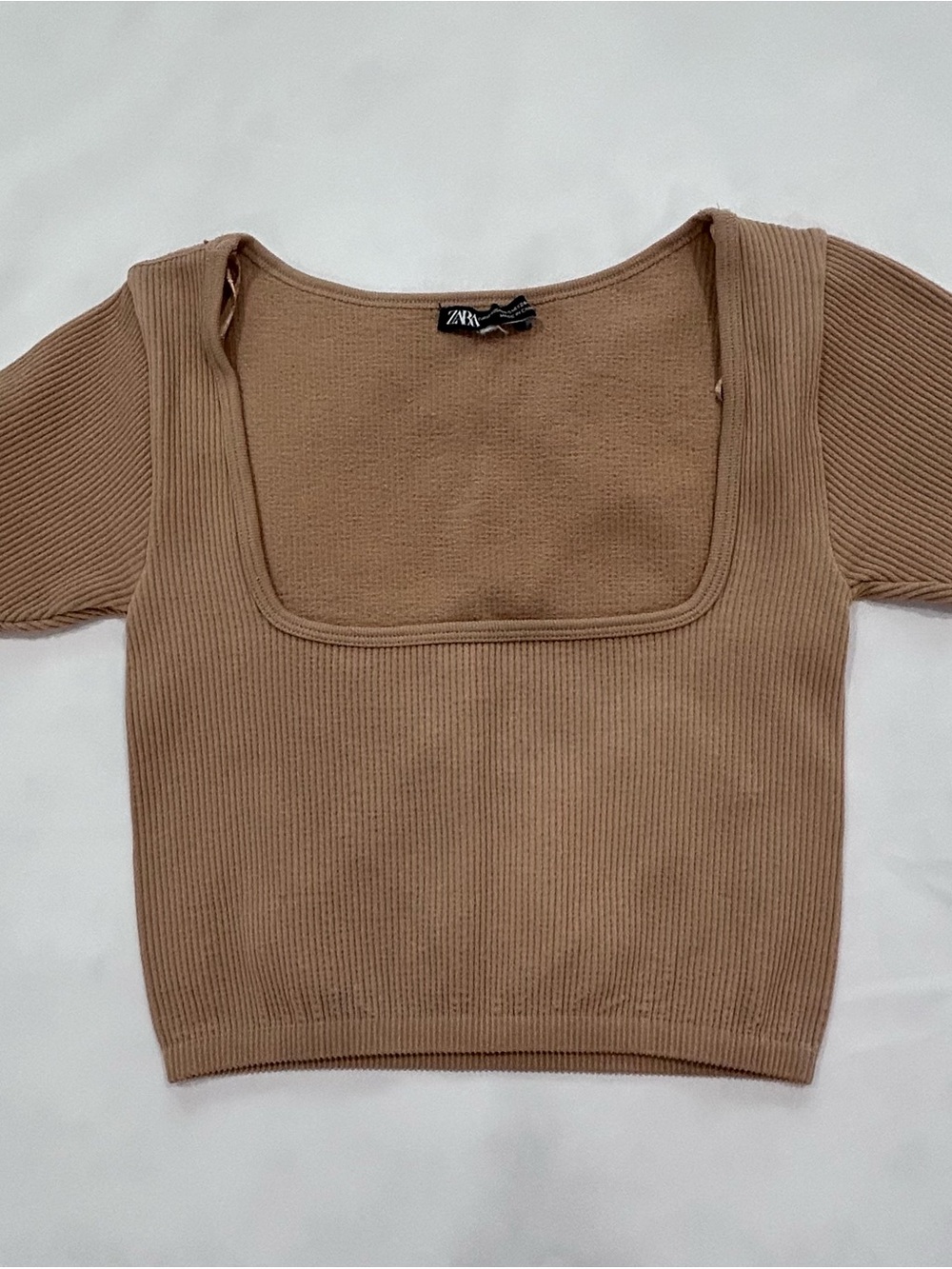 Zara Ribbed Square-Neck Crop Top in Camel Brown